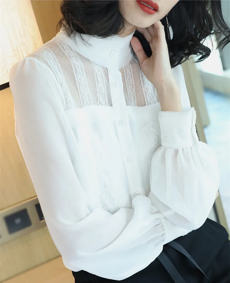 Women Blouse 2019 Spring Chiffon Blouse Sexy Slim Stand Collar Top Lanrern Seleeve Lace Patchwork Blouse Female New
Women Blouse 2019 Spring Chiffon Blouse Sexy Slim Stand Collar Top Lanrern Seleeve Lace Patchwork Blouse Female New