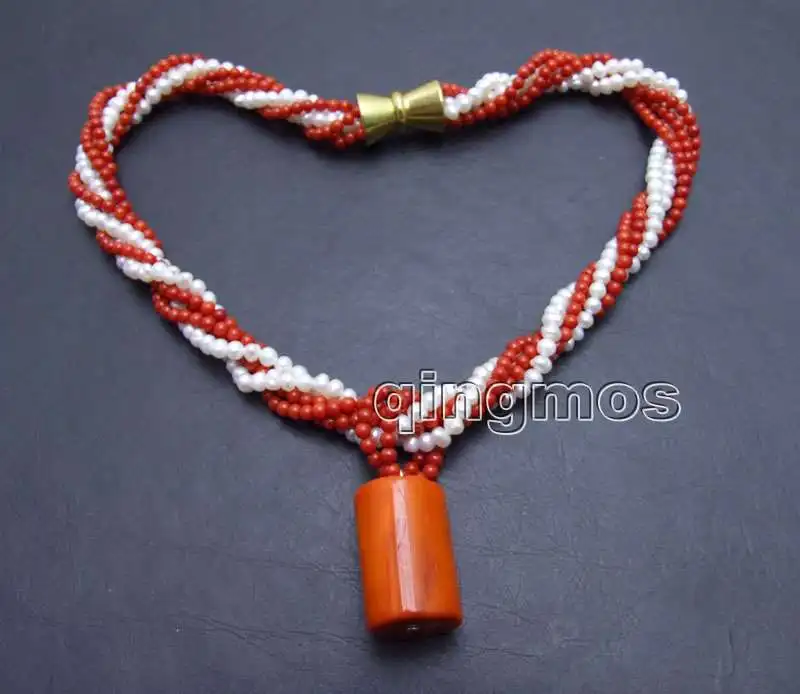 2 strands 4-5mm White Round Natural Pearl and 3 strands 3-4mm Red Coral 17'' combination necklace & 25mm Coral pendant-nec6436
2 strands 4-5mm White Round Natural Pearl and 3 strands 3-4mm Red Coral 17'' combination necklace & 25mm Coral pendant-nec6436