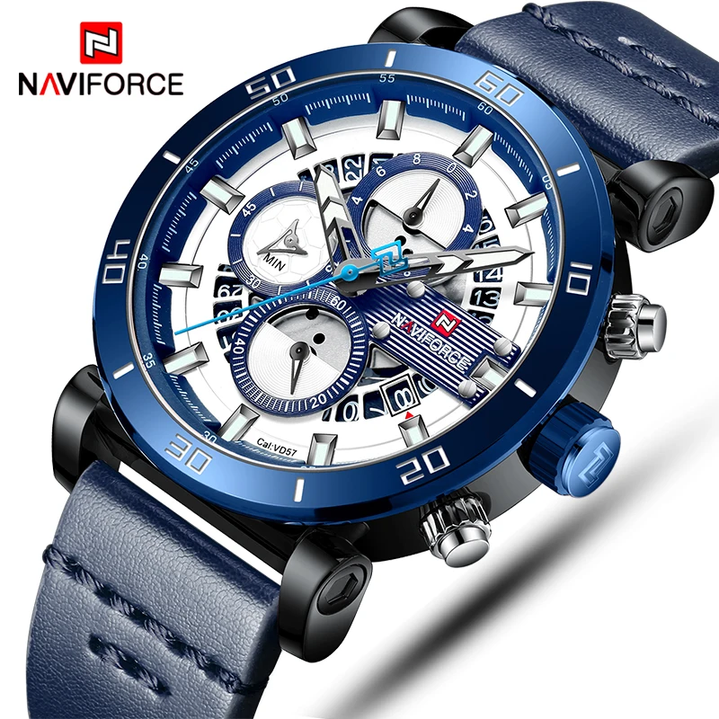 Мужские спортивные часы NAVIFORCE брендовые роскошные кожаные кварцевые с