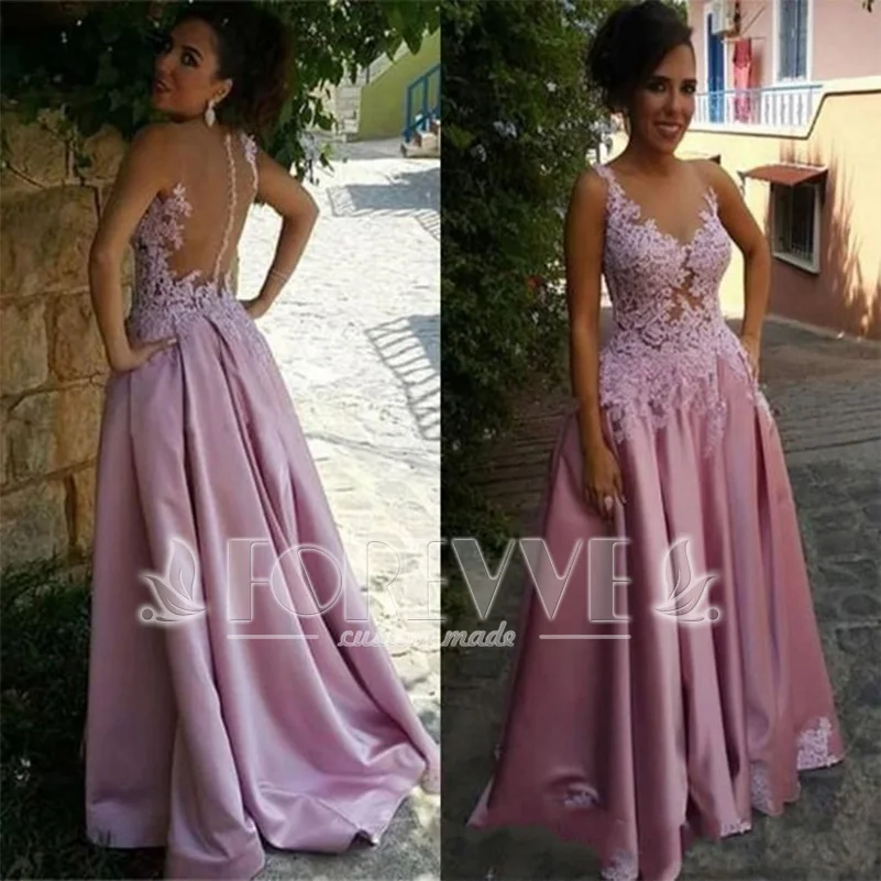 

Elegant Pink Appliques Evening Dresses Long Abendkleider 2019 Sheer A-Line Formal Dress Evening Gown Robe De Soiree Longue