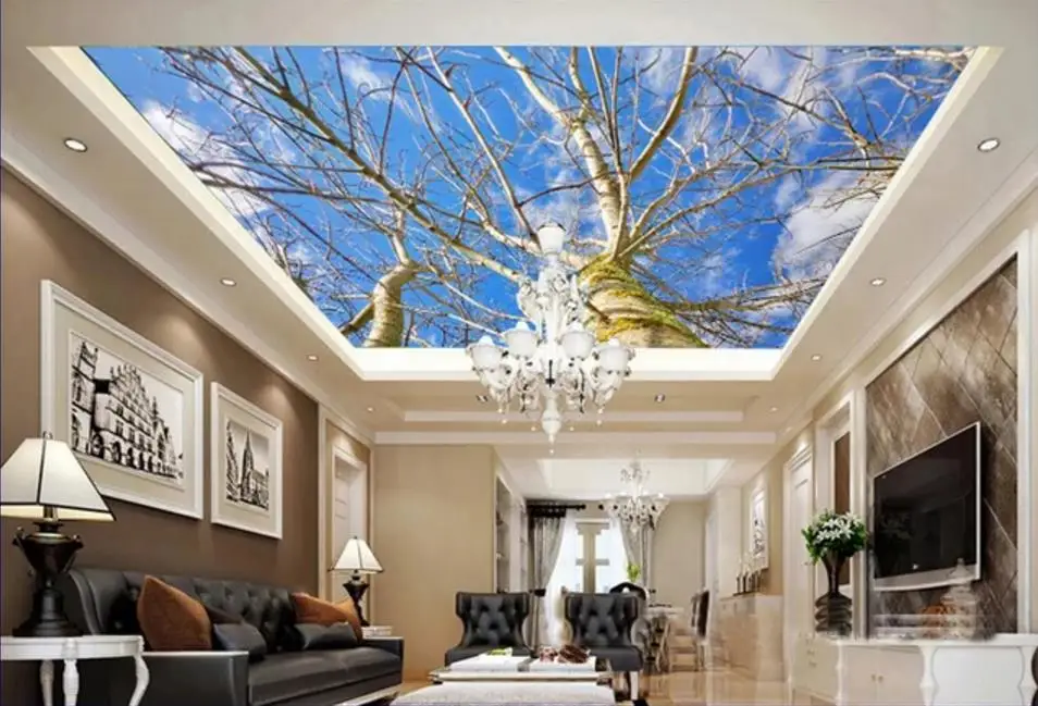 Пользовательские 3d потолок фото обои голубое небо ветви гостиной для ванной