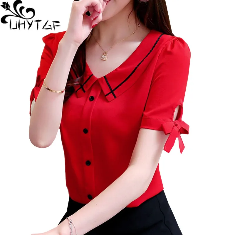 UHYTGF Summer shirt blouses women's new fashion Short sleeve bow chiffon blouse women Pullover loose plus size tops ladies 166
UHYTGF Summer shirt blouses women's new fashion Short sleeve bow chiffon blouse women Pullover loose plus size tops ladies 166