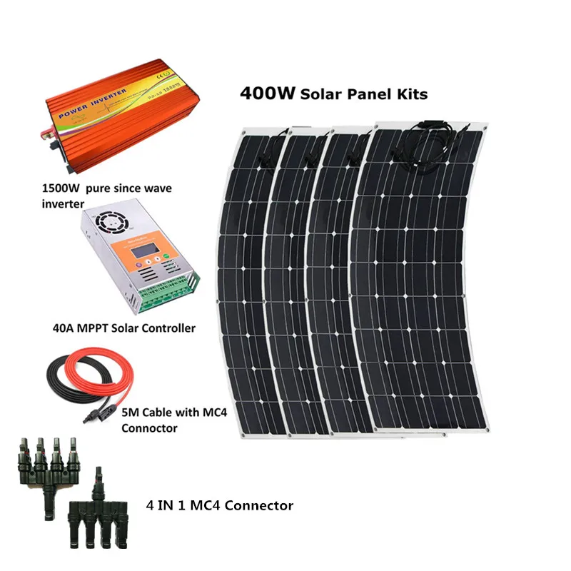 

4pcs 100W Flexible Solar Panel Module with 1500w inverter and 40A MPPT controller Houseuse Complete 400W Solar System Kit
