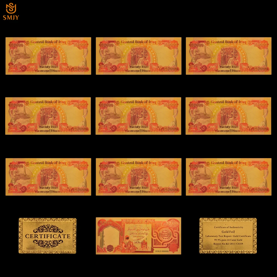 10 PCS/Lot Colorful Iraq Currency Paper 25000 Dinar in 24k Gold Plated Money Banknote Collections
10 PCS/Lot Colorful Iraq Currency Paper 25000 Dinar in 24k Gold Plated Money Banknote Collections
