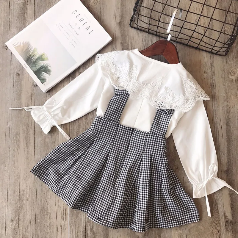 DFXD Korean Children Girls Outfits 2018 Spring Toddler Kids White Long Sleeve Lace Princess Blouse+Plaid Strap Dress 2pcs Set
DFXD Korean Children Girls Outfits 2018 Spring Toddler Kids White Long Sleeve Lace Princess Blouse+Plaid Strap Dress 2pcs Set