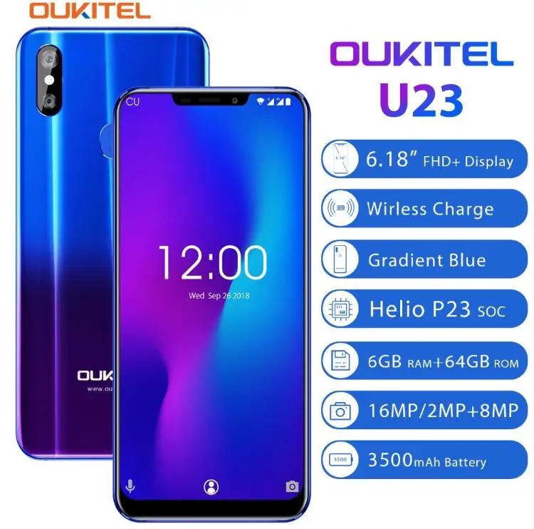 OUKITEL U23 6 18 "FHD + 19:9 Экран MTK6763T Восьмиядерный GB 64 8MP 16MP двойной Камера OTG Android 8 1 Face ID