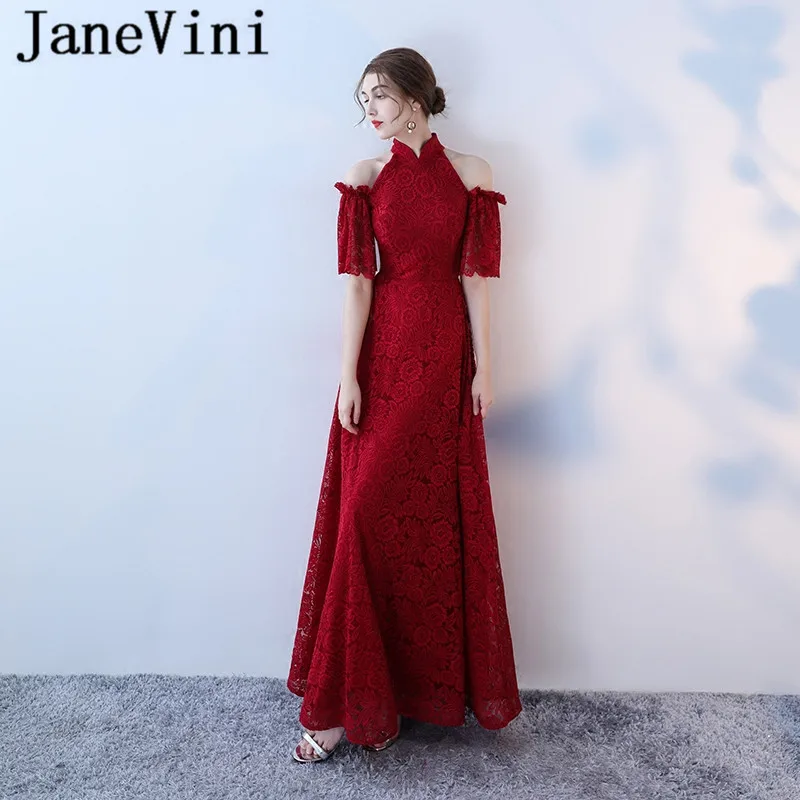 

JaneVini Vintage Burgundy Lace Mother of The Bride Dresses Long 2020 High Neck Women Formal Dress Party Gown moeder van de bruid
