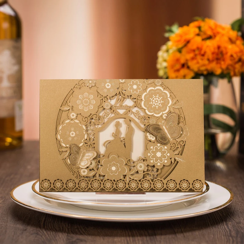(100 pieces/lot) Bride&Groom Gold Wedding Invitation Card Pop Up Butterfly Lace Flower Customize Print Marriage Invitation CX025
(100 pieces/lot) Bride&Groom Gold Wedding Invitation Card Pop Up Butterfly Lace Flower Customize Print Marriage Invitation CX025