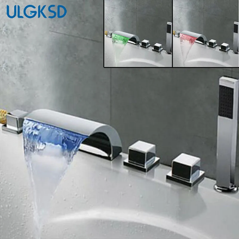 

Ulgksd 5 pcs Bathtub Faucet LED waterfall spout Mixer Taps Chrome Brass Bathroom Shower Faucet with Handshower