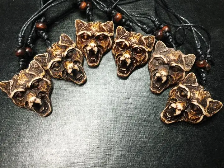 12 pcs Cool Yak Bone Powder Carved Wolf Head Pendant Necklace Choker Gift |