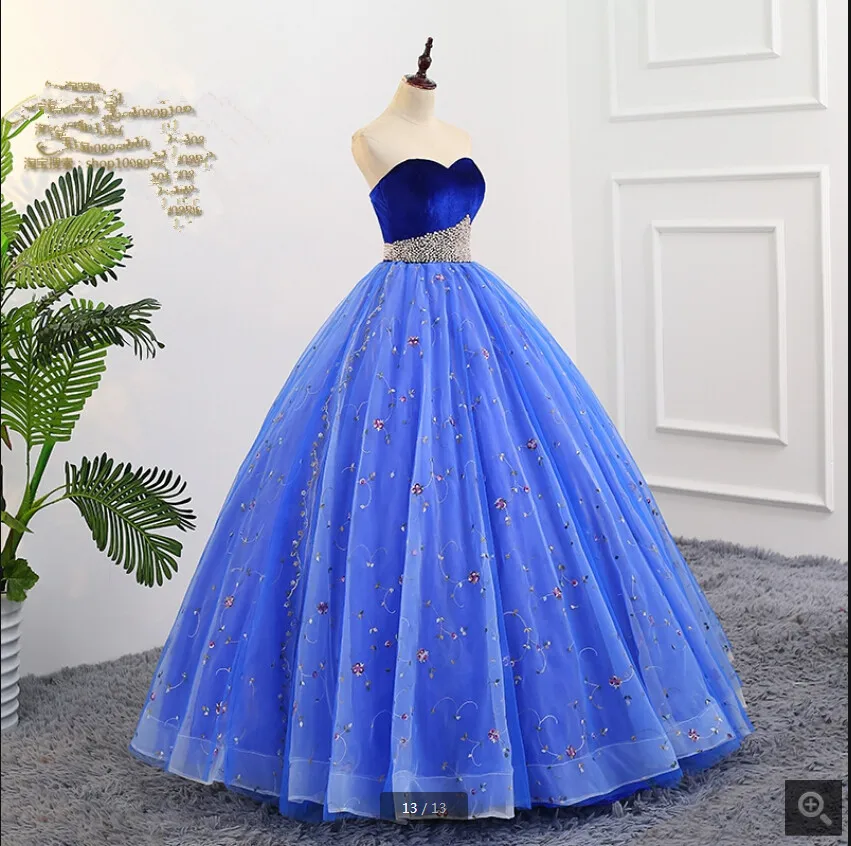 2019 real picture royal blue lace velvet ball gown prom dress pearls strapless with sweetheart neck corset gowns hot sale | Свадьбы и
