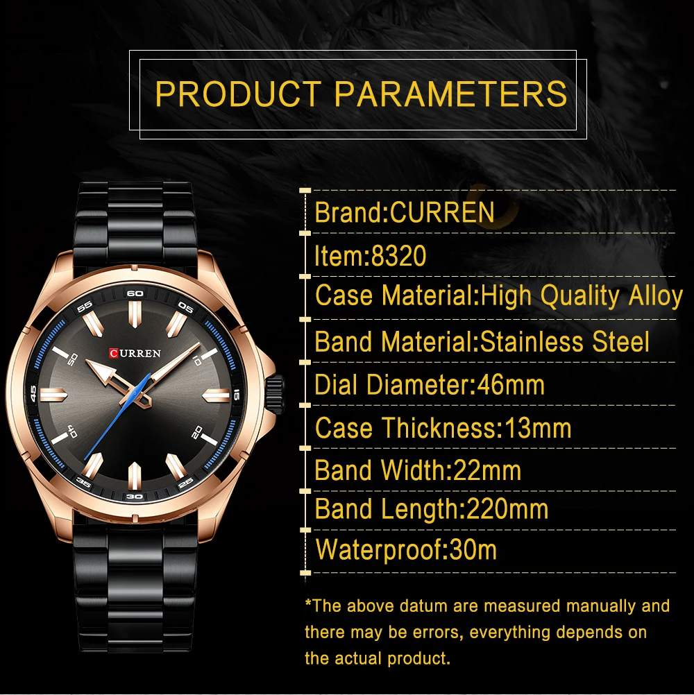 CURREN Black Mens Quartz Wristwatch Stainless Steel Sport Waterproof Multifunction Watches Calendar Dial Luxury Brand Clock
CURREN Black Mens Quartz Wristwatch Stainless Steel Sport Waterproof Multifunction Watches Calendar Dial Luxury Brand Clock