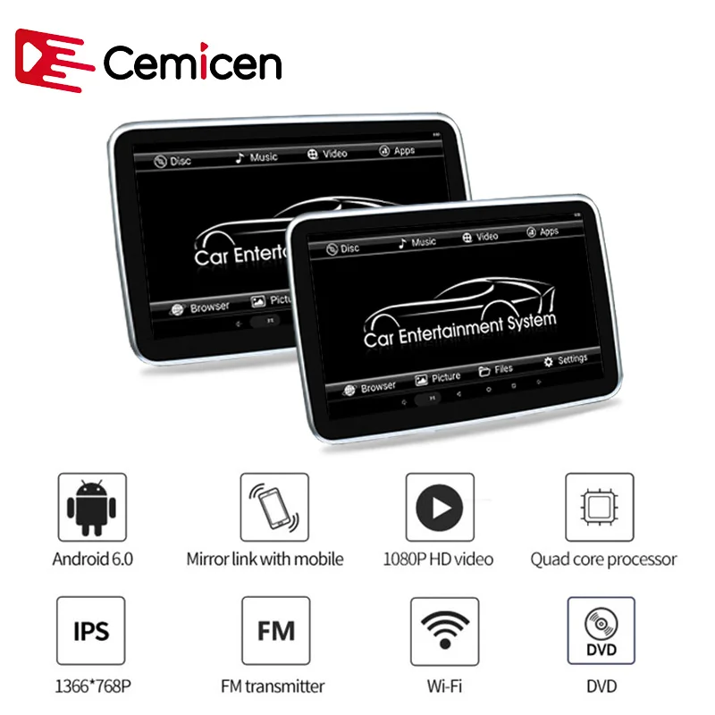Cemicen автомобильный DVD плеер с экраном 10 1 дюйма Android 6 0 HD 1080P сенсорным Wi
