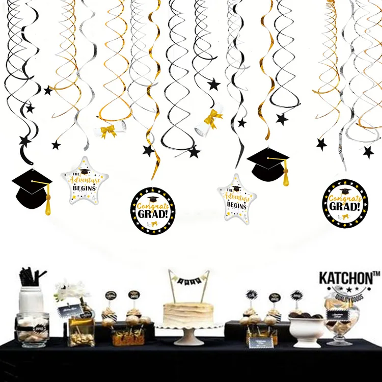 

36pcs Graduation Party Decoration Grad Congrats Bachelor Cap Spiral Ornaments Hanging Foil Swirls Banner Dangling Streamers