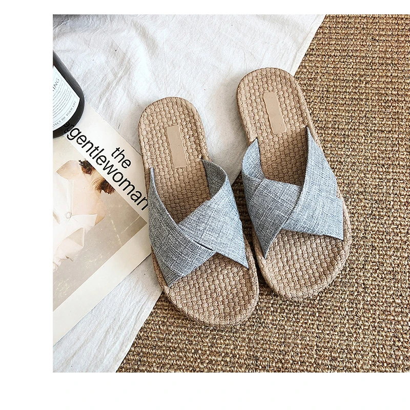 Women's Slippers Female Straw Woven Hemp Roap Cross Strap Slip on Plus Size Hollow Out Flat with Black Beige Casual Beach Shoes | Обувь