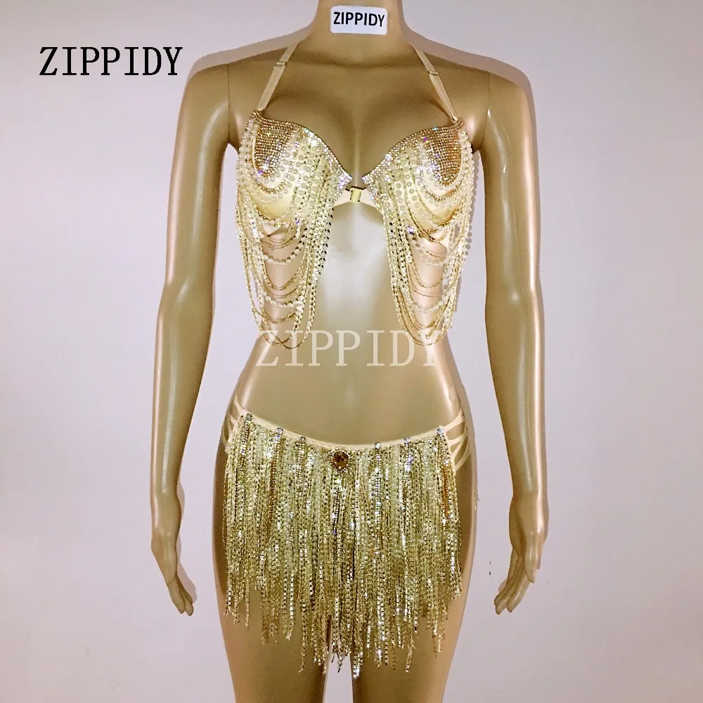 Glisten Rhinestones Gold Sequins Tassel Chains Bikini Bra Short Swimwear Nightclub Party Singer DJ Show two-piece Outfit Costume
Glisten Rhinestones Gold Sequins Tassel Chains Bikini Bra Short Swimwear Nightclub Party Singer DJ Show two-piece Outfit Costume