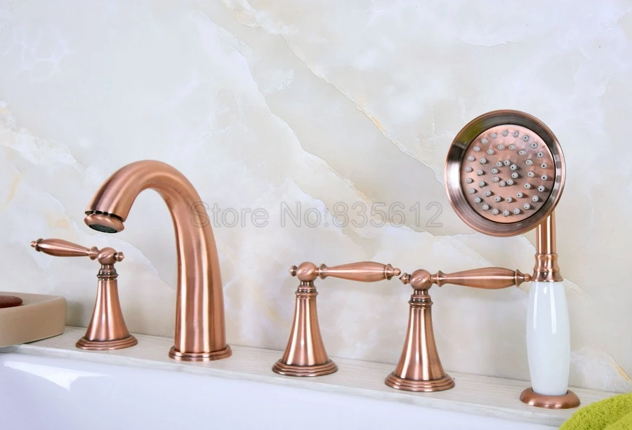 Antique Red Copper 5pcs Bathroom Tub Sink Faucet with Hand Shower Deck Mounted 5 Holes Three Cross Handles Bathtub Taps ttf203
Antique Red Copper 5pcs Bathroom Tub Sink Faucet with Hand Shower Deck Mounted 5 Holes Three Cross Handles Bathtub Taps ttf203