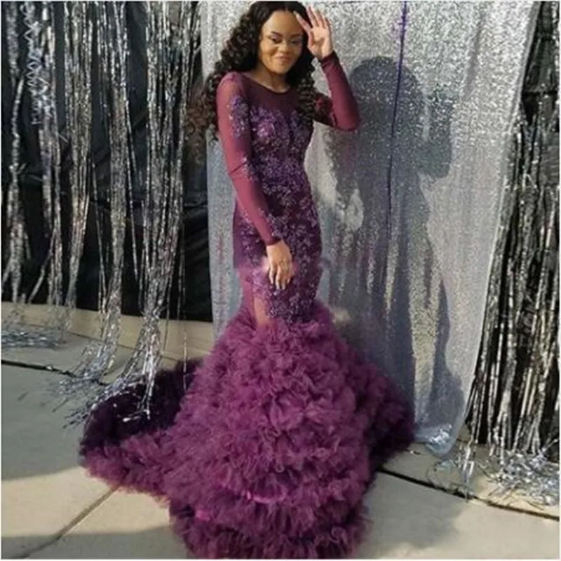 Purple Applique Satin Mermaid Evening Formal Dresses With Long Sleeves Chic Tiered Ruffle Tulle Sexy Backless Prom Party Gowns
Purple Applique Satin Mermaid Evening Formal Dresses With Long Sleeves Chic Tiered Ruffle Tulle Sexy Backless Prom Party Gowns