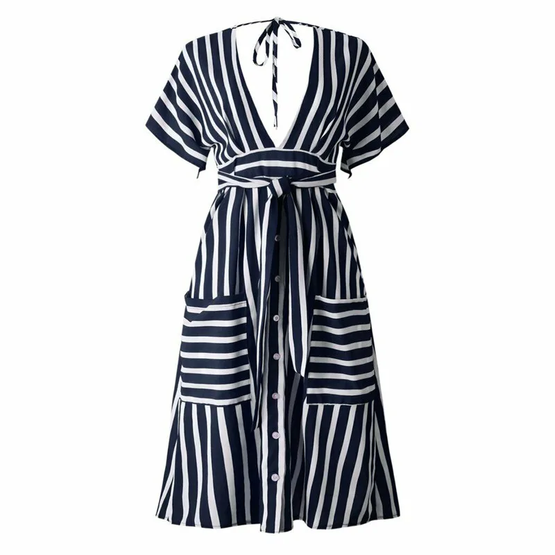 Striped women summer casual dresses Fashion Short sleeve Deep V Sexy Charming femme backless Party sundress with belt holiday 
Striped women summer casual dresses Fashion Short sleeve Deep V Sexy Charming femme backless Party sundress with belt holiday