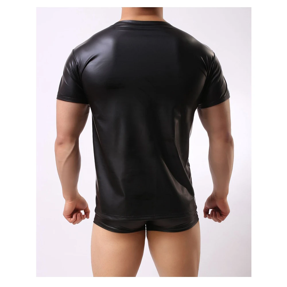 Сексуальные облегающие мужские футболки из ПВХ кожи нижнее белье сексуальная