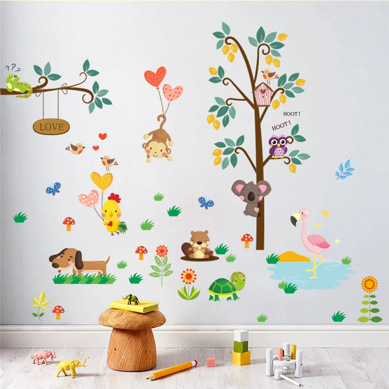 

Forest Jungle Wild Animals Owl Monkey Turtle Tree Wall Sticker Decal Bedroom Living Room Wall Art Home Decor Mural Poster