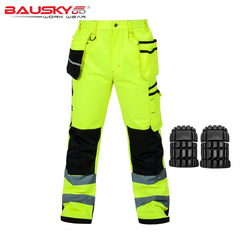 Светоотражающие мужские рабочие брюки высоковидимые флуоресцентные желтые с