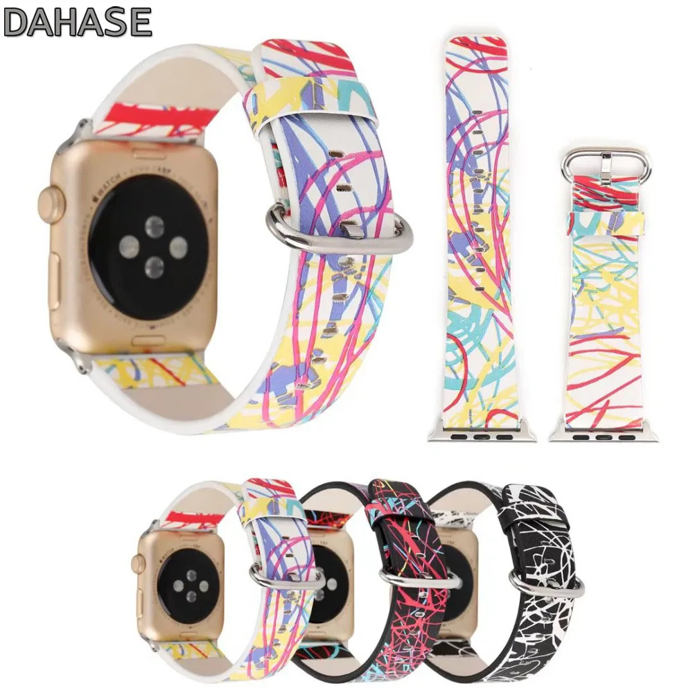

DAHASE Colorful Striped Leather Strap for Apple Watch Band Metal Buckle Wristband for iWatch 42mm 38mm Series 1/2/3 Bracelet