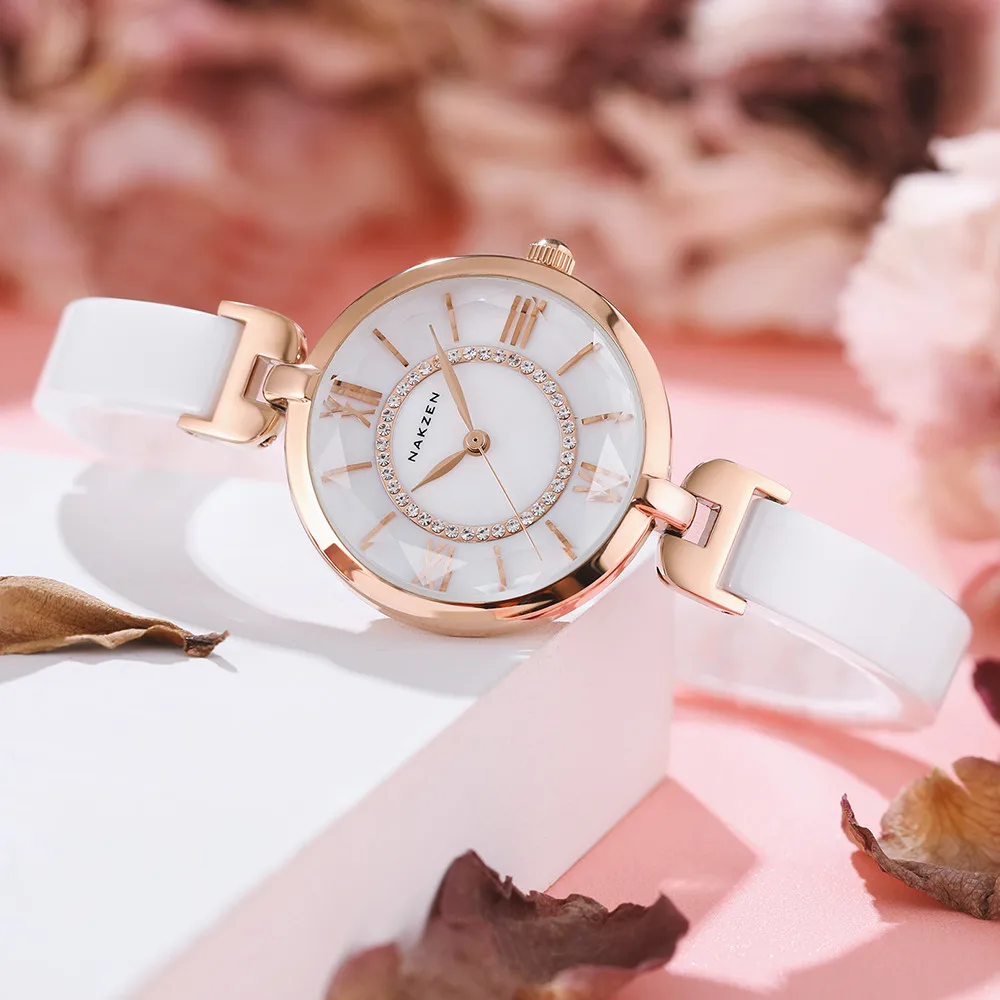 

NAKZEN Ladies New Fashion Popular Gold Ceramic Quartz Watch Women Analog Waterproof Diamond Wristwatches Reloj femenino