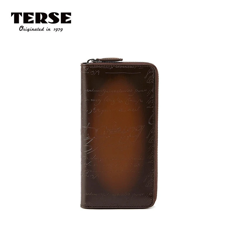 

TERSE New Arrival Wallet Genuine Leather Purse Engraving Zipper Long Wallets Handmade Bag with Card Holders Customize Logo 9301