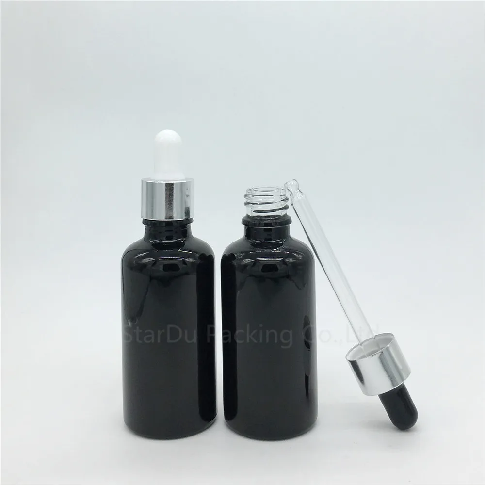 12pcs 50ml black glass essential oil bottle with shiny silver aluminum ring dropper, 50CC glass perfume bottle