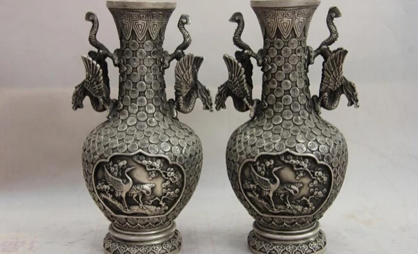 song voge gem S1586 China Copper Silver Dragon Phoenix Red-crowned crane plum blossom Vase Pair
song voge gem S1586 China Copper Silver Dragon Phoenix Red-crowned crane plum blossom Vase Pair