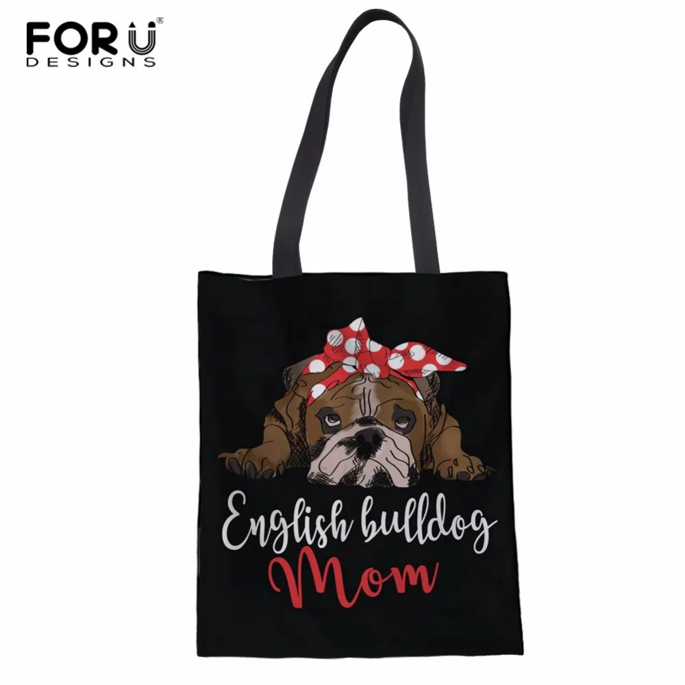 

FORUDESIGNS English Bulldog Cotton Canvas Grocery Shopping Bag Ladies Eco Shoulder Bag Female Foldable Reusable Handbag Tote Bag