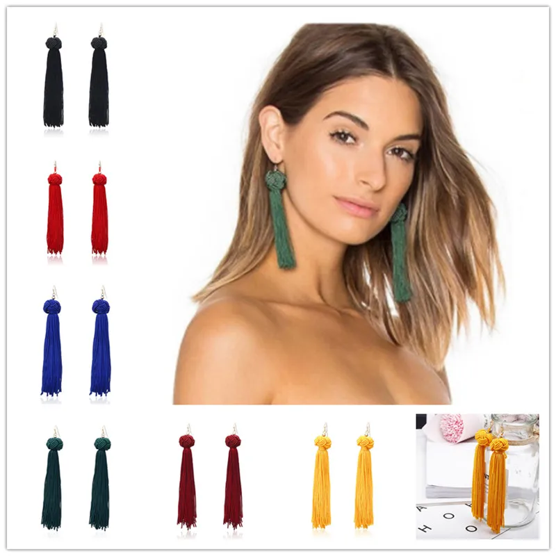 Бохемские длинные серьги с бахромой для женщин 2018 новый дизайн красные/синие/желтые/зеленые капли винтовые женские украшения E0167.