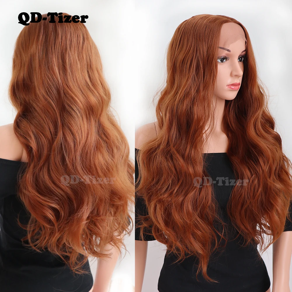 QD Tizer 180% коричневый цвет волнистые синтетические парики на кружеве средний