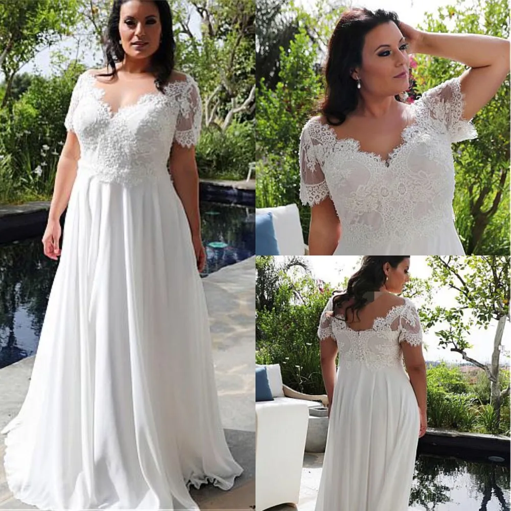 Brilliant Tulle & Chiffon V-Neck A-line Plus Size Wedding Dresses With Beaded Lace Appliques Floor Length Bridal Gowns
Brilliant Tulle & Chiffon V-Neck A-line Plus Size Wedding Dresses With Beaded Lace Appliques Floor Length Bridal Gowns
