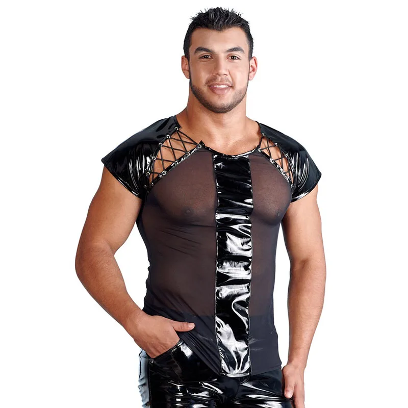 Sexy Mesh Patchwrok Transparent Gothic Man's T-shirt M, XL Black Wetlook Patent Leather Shirts For Men Short Sleeve Men t shirt
Sexy Mesh Patchwrok Transparent Gothic Man's T-shirt M, XL Black Wetlook Patent Leather Shirts For Men Short Sleeve Men t shirt