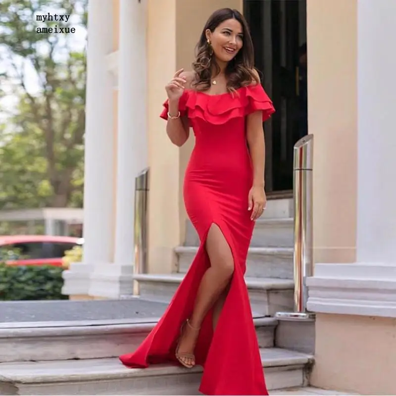 Off The Shoulder Ruffles Red Evening Dresses Mermaid Style Formal Party Dress Front Split Long Evening Gown vestido de noite
Off The Shoulder Ruffles Red Evening Dresses Mermaid Style Formal Party Dress Front Split Long Evening Gown vestido de noite