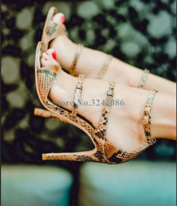 

Peep Toe Leather Thin High Heel Sandals Sexy Snakeskin Buckle Strap Hollow Out Stiletto Heel Summer Shoes Black White Sandals