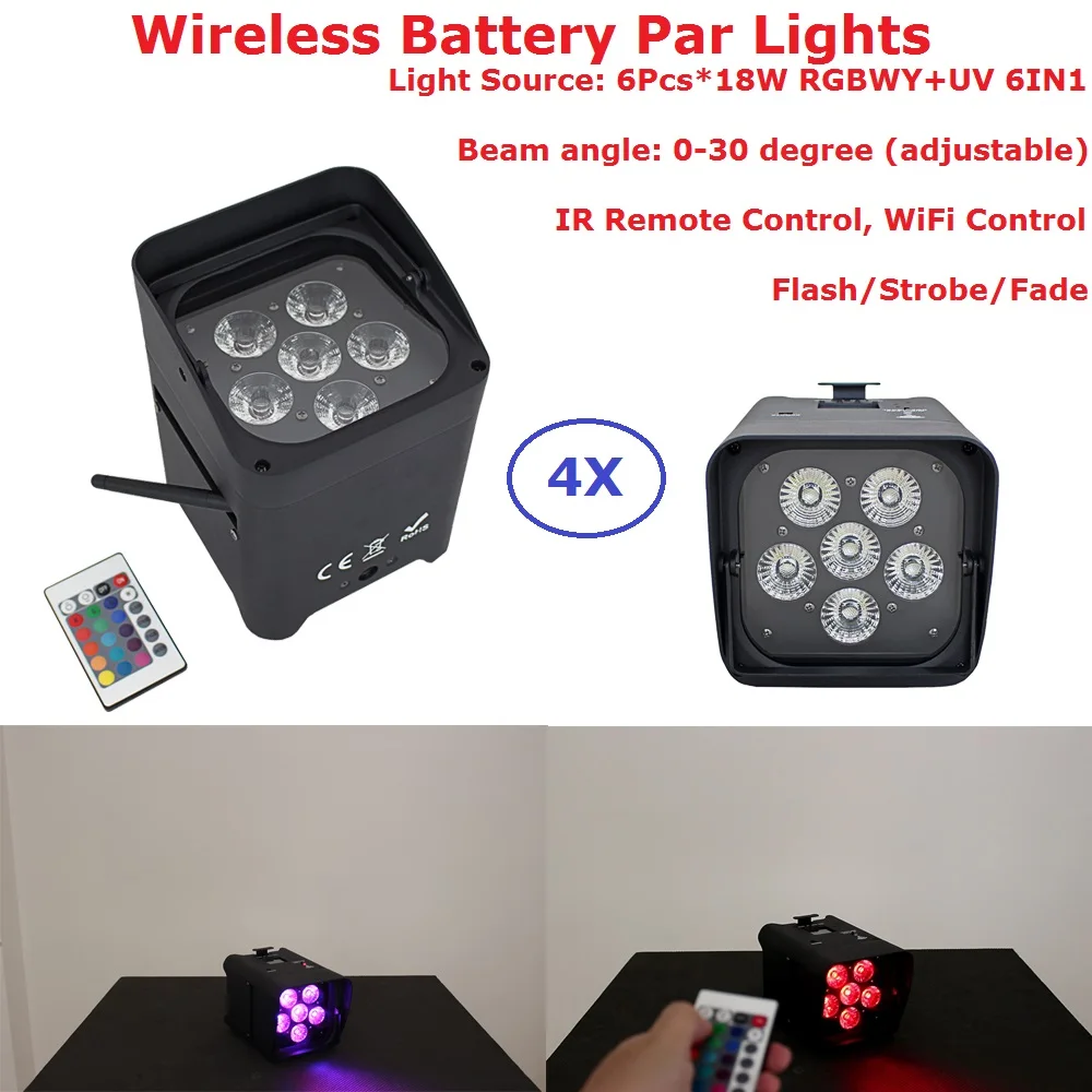 4 Pack Newest 6X18W 6IN1 RGBWY-UV Battery Powered Wireless LED Par Lights WITH APP Mobile IR Remote Control For Party Stage Dj
4 Pack Newest 6X18W 6IN1 RGBWY-UV Battery Powered Wireless LED Par Lights WITH APP Mobile IR Remote Control For Party Stage Dj