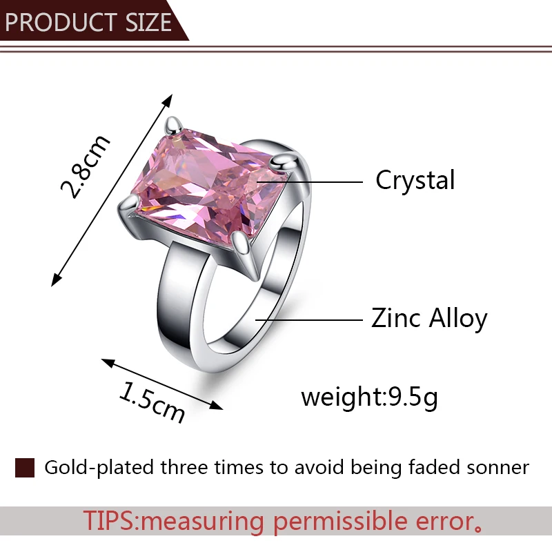 Женское кольцо с квадратным фианитом розовое яркое прозрачным подарок на день