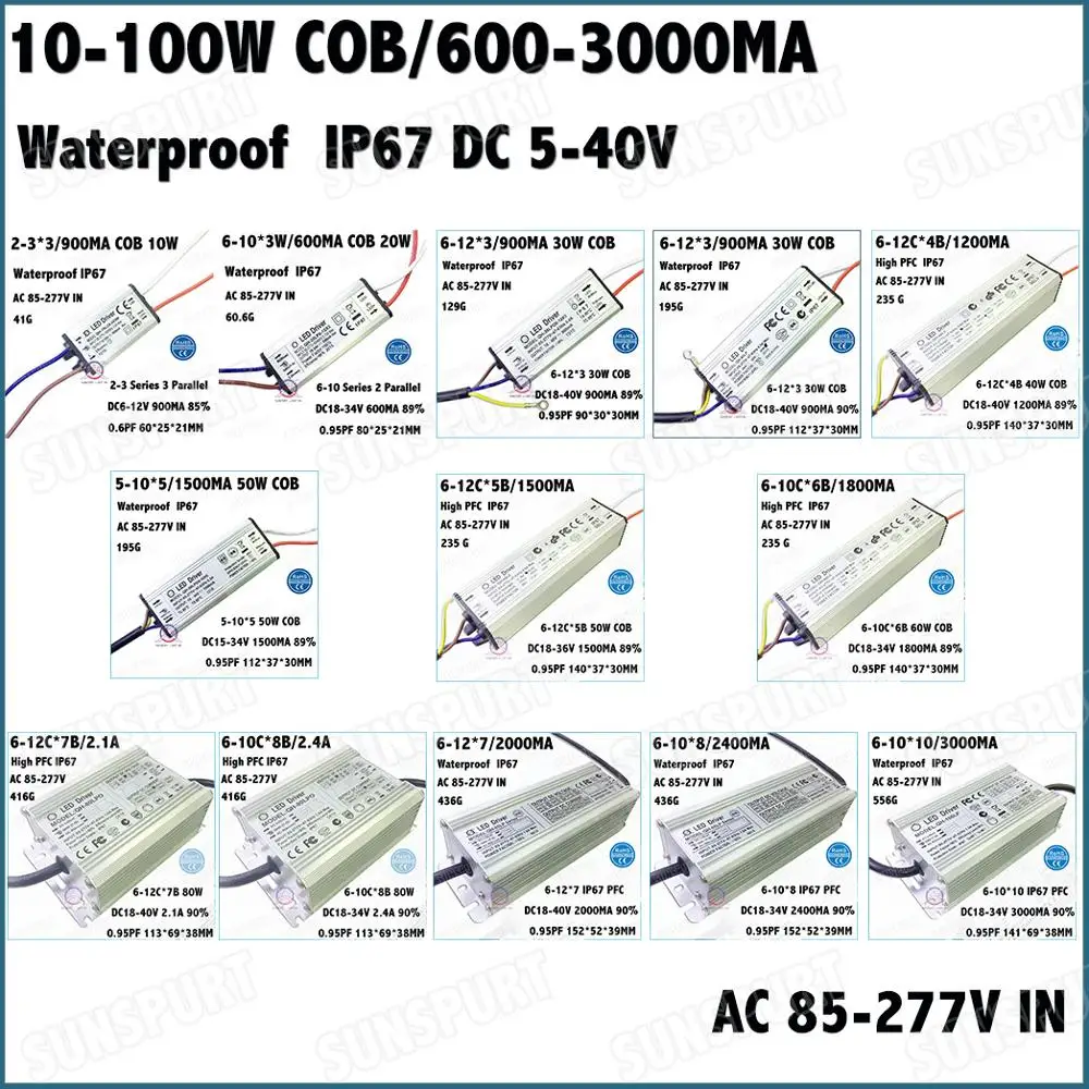 

IP67 PF5-100W LED Driver 10W 2-3Cx3B 6-12 Series 20W 30W 40W 50W 60W 70W 80W 100W 0.6-3A DC5-40V Constant Current Free Shipping