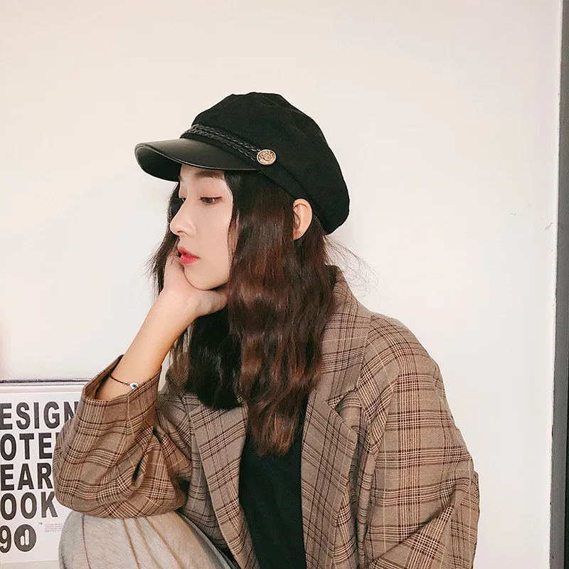 2018 осень-зима Винтаж вельвет ПУ Кнопка шляпа для Для женщин военная Gorras Планас