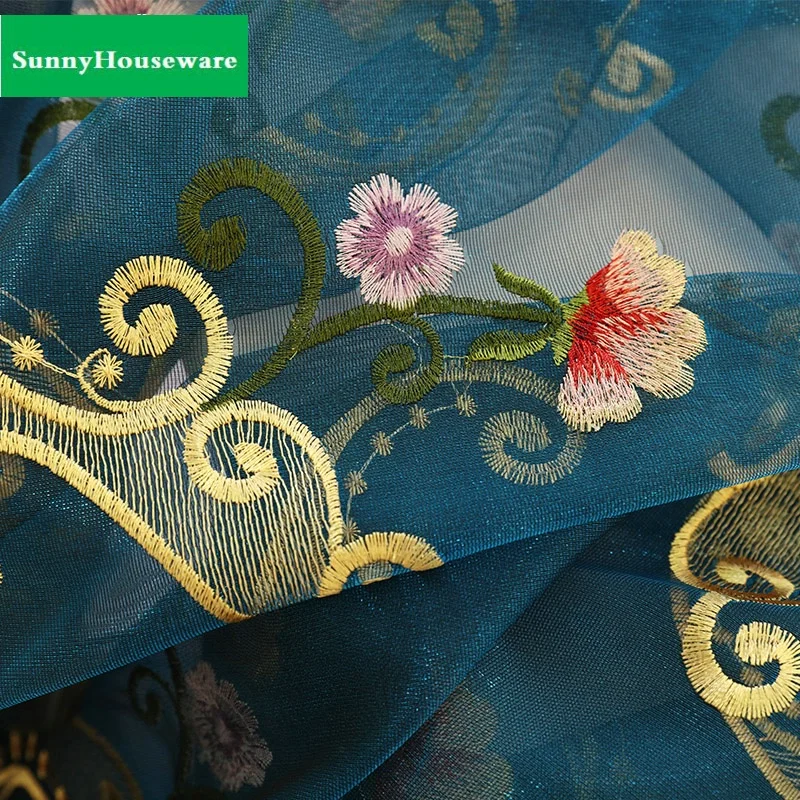 2017 распродажа высокое качество деревенская мода вышивка цветок Пряжа синий тюль
