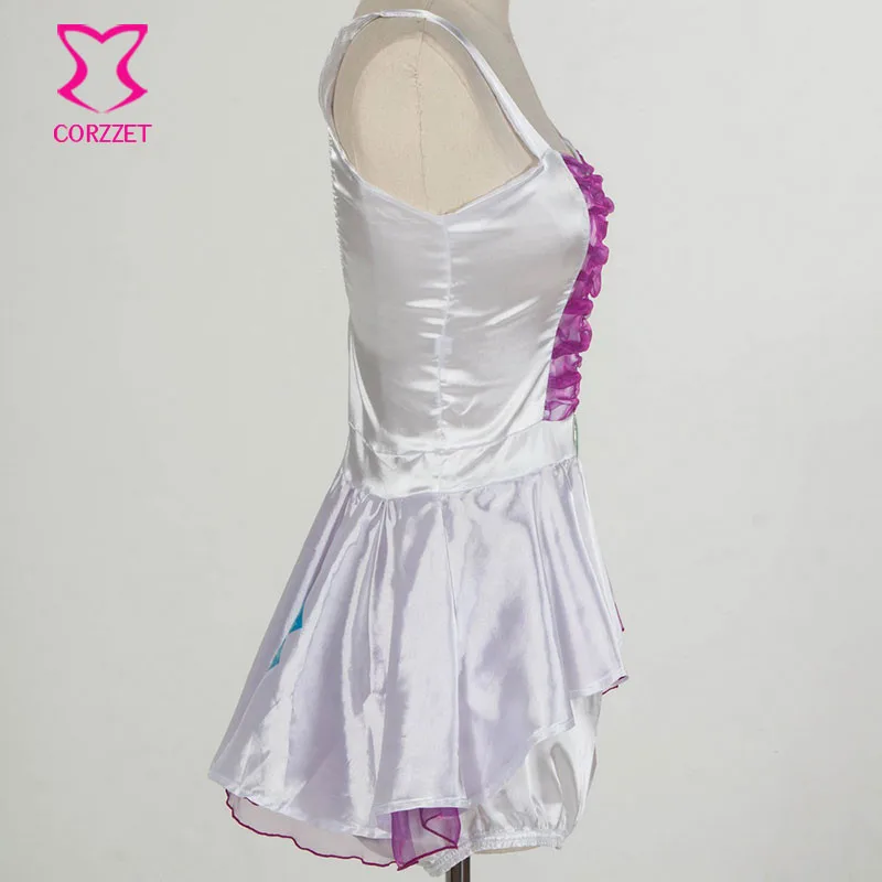 Белое Атласное фиолетовое шифоновое мини платье с оборками и шорты костюм