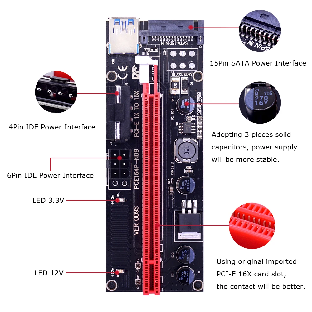 CHIPAL VER009S 009S PCI E Райзер карта Express 1X до 16X 4Pin 6Pin SATA Molex Power 60 см USB 3 0 кабель для майнинга