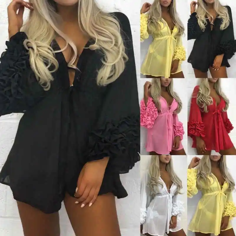 Women Beachwear Swimwear Tassel Bikini Cover Up Summer Hot Female Soild Flower Kaftan Top Beach Dress | Женская одежда