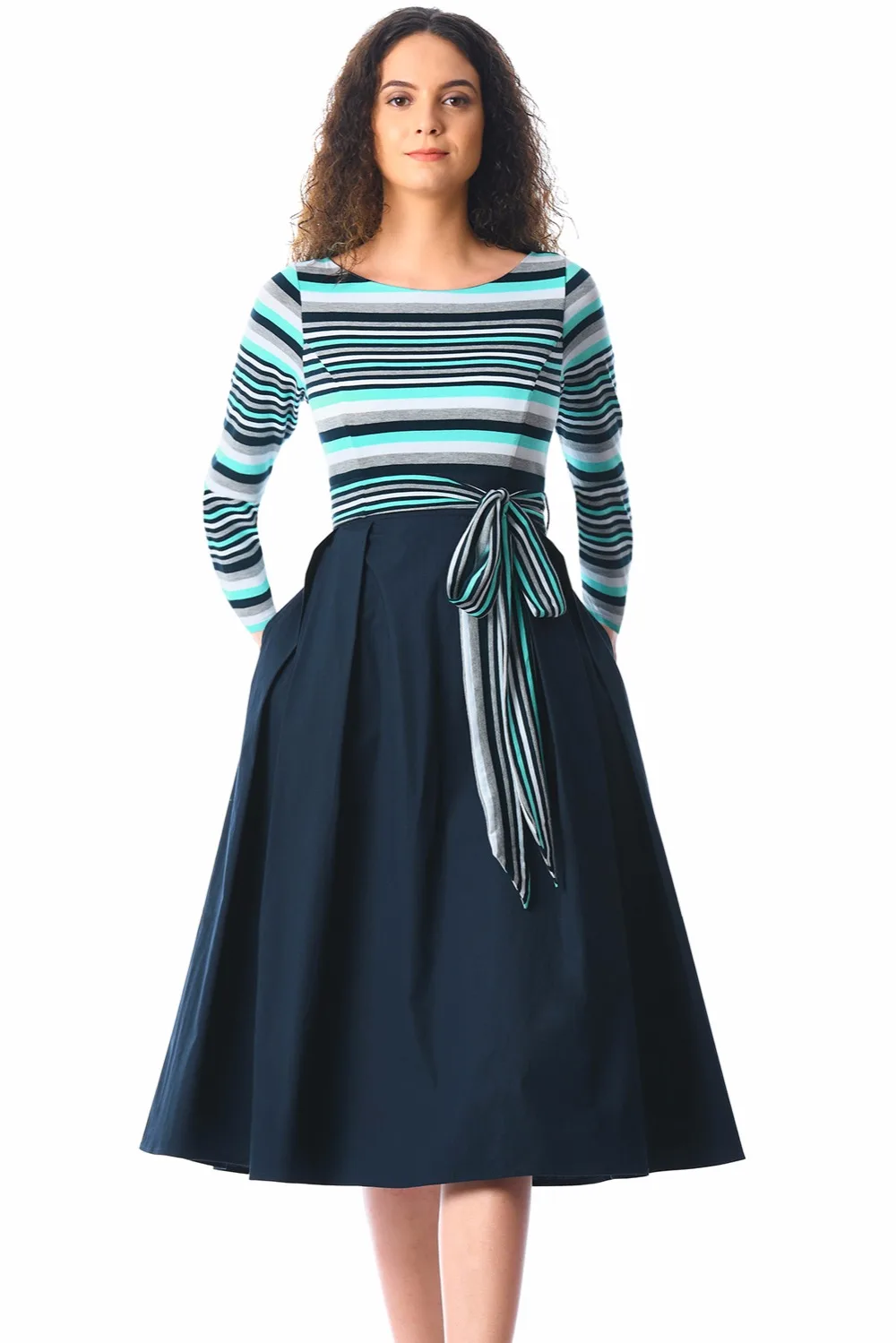 2018 New Arrival Autumn Women's Casual Light Blue Navy Yellow Striped Poplin Sash Tie Midi Dress
2018 New Arrival Autumn Women's Casual Light Blue Navy Yellow Striped Poplin Sash Tie Midi Dress