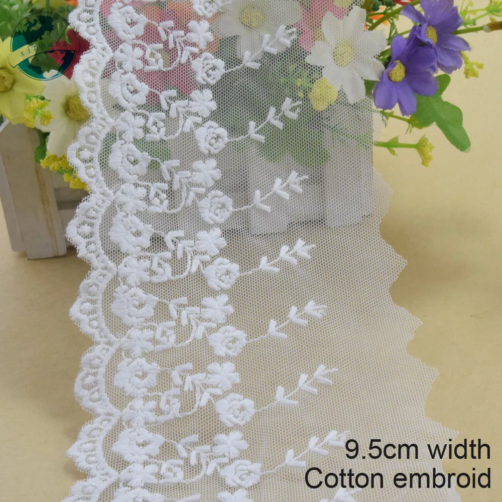 10yards 9.5cm Width White Lace Cotton Embroidery French Ribbon Fabric Guipure Diy Trims Knitting Sewing Wedding Accessories#3053
10yards 9.5cm Width White Lace Cotton Embroidery French Ribbon Fabric Guipure Diy Trims Knitting Sewing Wedding Accessories#3053