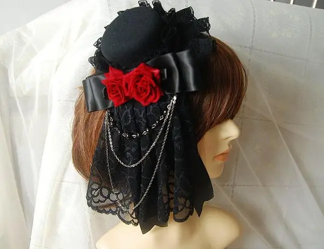 

Gothic Lolita Headdress Retro Mini Top Hat with Lace & Flower Rose Chain Steampunk Hair Clip Accessories
