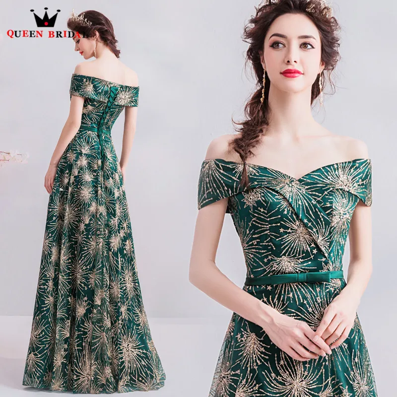 Роскошное зеленое вечернее платье 2019 модное трапециевидной формы с блестками
